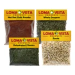 Traditional Loma Vista Posole Recipe Pack with Authentic Posole Seasonings such as Dried Posole, Whole Oregano, Red Chile Powder, and Cilantro.