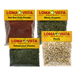 Traditional Loma Vista Posole Recipe Pack with Authentic Posole Seasonings such as Dried Posole, Whole Oregano, Red Chile Powder, and Cilantro.