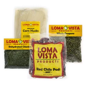 Authentic Loma Vista Tamale Recipe Pack including Premium Corn Husks, Dried Cilantro, Red Chile Pods, and Whole Oregano for Homemade Tamales.