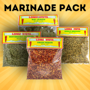 Mexican-Inspired Loma Vista Marinade Recipe Pack with Dried Oregano, Crushed Pequin, Bay Leaves, and Cilantro.