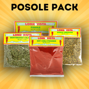 Traditional Loma Vista Posole Recipe Pack with Authentic Posole Seasonings such as Dried Posole, Whole Oregano, Red Chile Powder, and Cilantro.