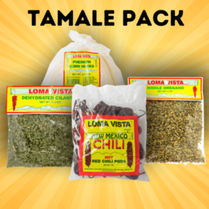 Authentic Loma Vista Tamale Recipe Pack including Premium Corn Husks, Dried Cilantro, Red Chile Pods, and Whole Oregano for Homemade Tamales.